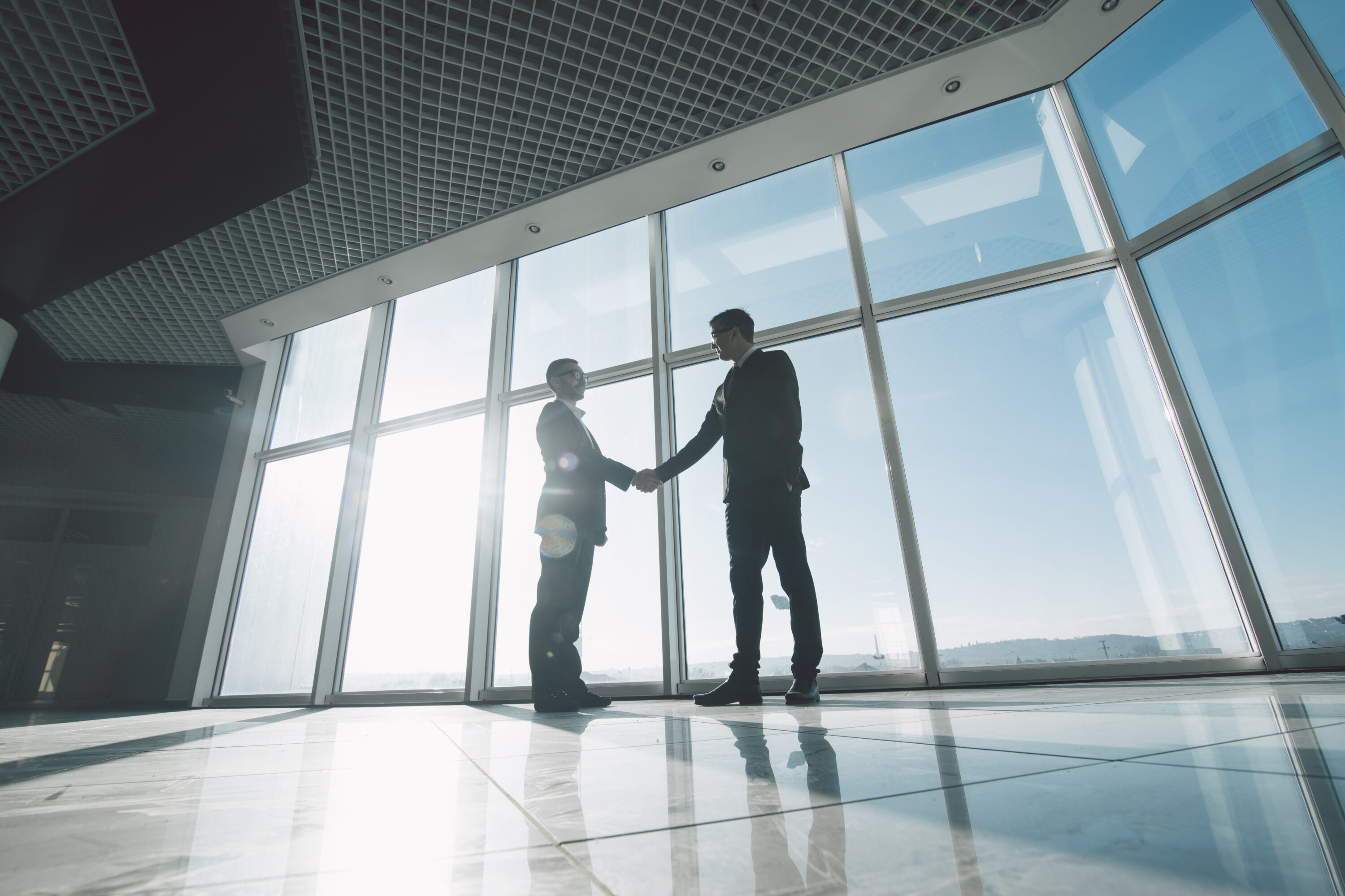 Two young businessmen are shaking hands with each other standing Two young businessmen are shaking hands with each other standing against panoramic windows.