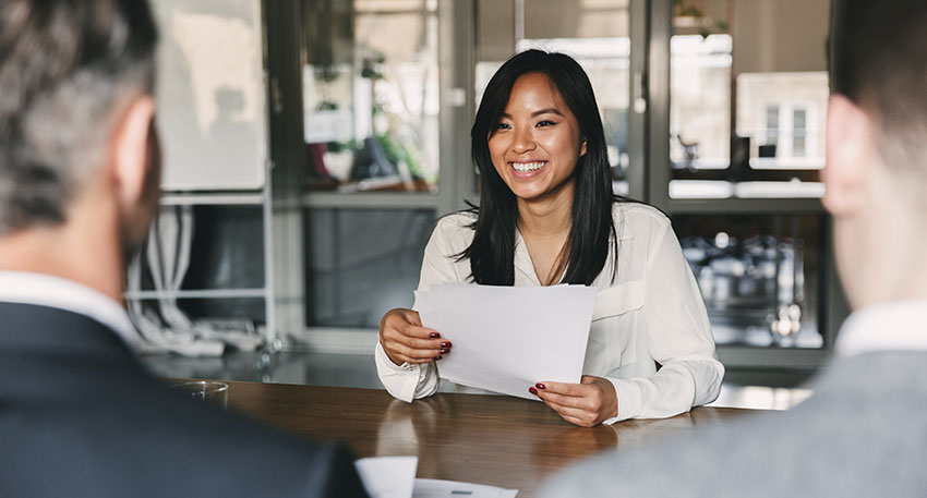 intern-1-1 Female law student during on-campus interview (OCI) for a legal internship